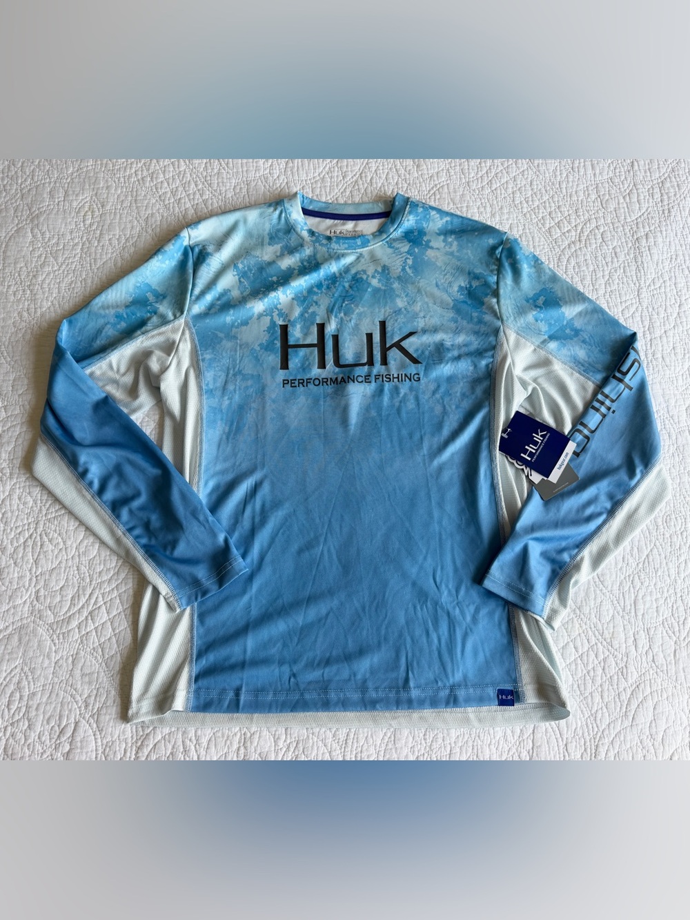Huk Icon X LS Crew Reef Performance Fishing Long Sleeve Shirt Men's Medium Blue